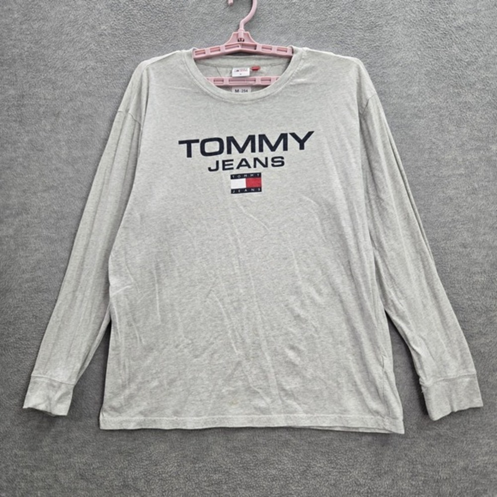 VINTAGE Tommy Jeans Men Shirt XL Gray Long Sleeve Logo Text Cotton